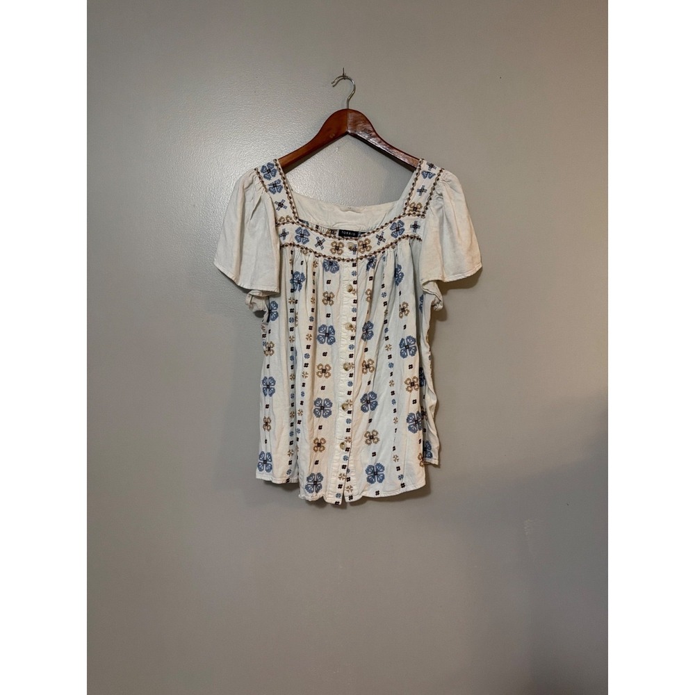 Torrid Womens Embroidered Peasant Blouse With Button Front SizeXL Linen Blend